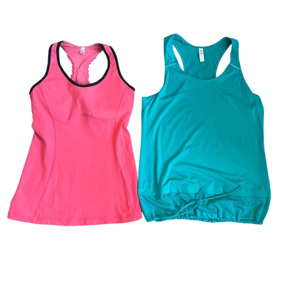 Lucy Tank Tops Racerback Coral Green Mesh Cinch Tie Floral Y2K Size M Lot of 2